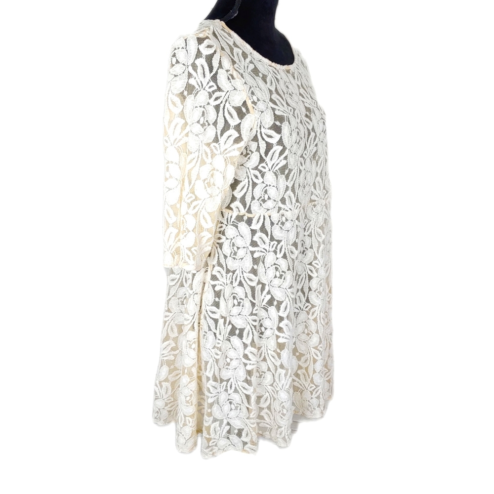 Free People EUC Wmn M Ivory Lace Overlay 3/4 Sleeves Skater Dress - Picture 3 of 6